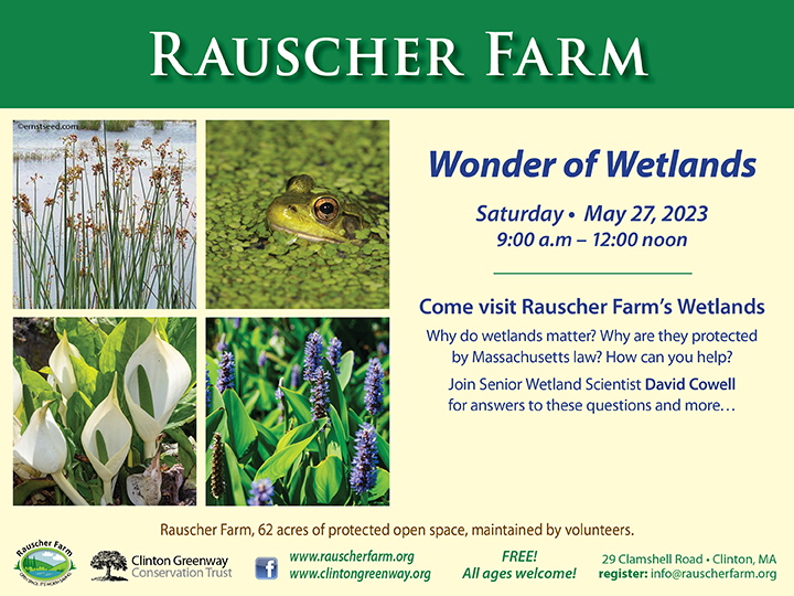 Event Poster "Wonder of Wetlands", with photographs of wetland plants and a frog in peeking through a plant-covered pond's surface.

Saturday May 27, 2023
9:00 a.m. - 12:00 noon
Come visit Rauscher Farm's Wetlands. 
Why do wetlands matter? Why are they protected by Massachusetts law? How can you Help?
Join Senior Wetland Scientist David Cowell for answers to these questions and more. 