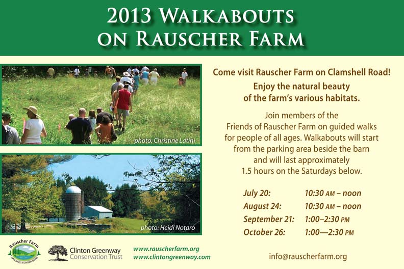 Event Poster:
Walkabouts on Rauscher Farm

Join guided walks on Rauscher Farm for people of all ages. Walkabouts will last approximately 1.5 hours on the Saturdays below.

July 20 - 10:30  AM to Noon
August 24 - 10:30 AM to Noon
September 21 - 1 to 2:30 PM
October 26 - 1 to 2:30 PM
