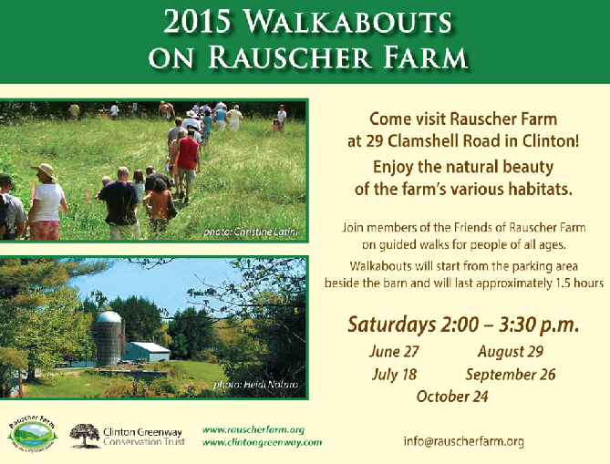 Event Poster:
2015 Walkabouts on Rauscher Farm

Come visit Rauscher Farm.
Enjoy the natural beauty of the farm's various habitats.

Join in a guided walk for people of all areas.

Saturdays 2 to 3:30 p.m

June 27, July 18, August 29, September 26, October 24