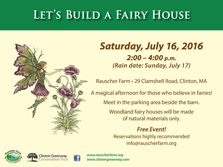 Event Poster: Let's Build a Fairy House.

With an illustration of a fairy hovering next to a plant with purple flowers.

Saturday, July 16, 2016
2 to 4 p.m.

A magical afternoon for those who believe in fairies!

Woodland fairy houses will be made of natural materials only.

Free Event.