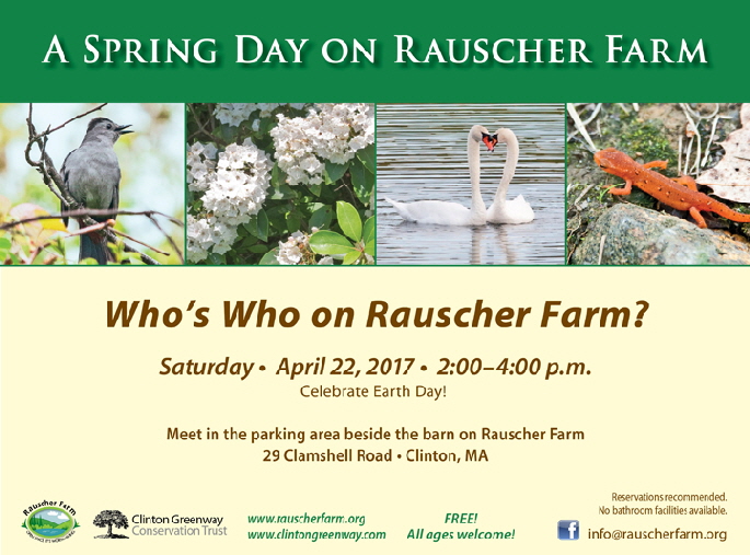 Event Poster:
A Spring Day on Rauscher Farm

Who's Who on Rauscher Farm?

Pictures of birds, Insects, a pair of Swans, and a salamander

Saturday April 22, 2017 2:00 to 4:00 p.m.

Celebrate Earth Day
