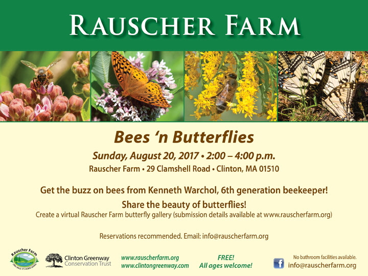 Event poster
Bees 'n Butterflies
With photos of a bumblebee, a honey bee and several butterflies

Sunday August 20 2 to 4 p.m.

Get the buzz on bees from Kenneth Warchol, sixth generation beekeeper

Share the beauty of butterflies