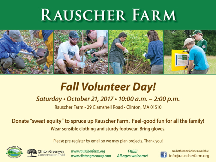 Event Poster:
Fall Volunteer Day
With photoraphs of various adults and children doing volunteer work on Rauscher Farm. 

Saturday October 21 10:00 a.m. to 2:00 p.m.

Donate Sweat equity to spruce up Rauscher Farm.