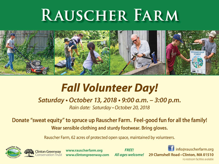 Event Poster::
Fall Volunteer Day

With four photos of adult and children volunteers working on Rauscher Farm.

Saturday October 13, 2018 9:00 a.m. to 3:00 p.m.

Donate "sweat equity" to spruce up Rauscher Farm. Feel-good fun for all the family.
Wear sensible clothing and sturdy footwear. Bring gloves.