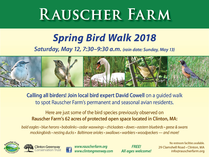 Event Poster: Spring Bird Walk 2018

With photos of colorful birds perched on branches, a robin standing in a grassy field and a nesting swan.

Saturday, May 12
7:30 to 9:30 a.m.
Join local bird expert David Cowell on a guided walk to spot Rauscher Farm's permanent and seasonal avian residents.
Here are just some of the bird species previously observed on Rauscher Farm: bald eagles, blue herons, bobolinks, cedar waxwings, chickadees, doves, eastern bluebirds, geese and swans, mockingbirds, nesting ducks, Baltimore orioles, swallows, warblers, woodpeckers -- and more!