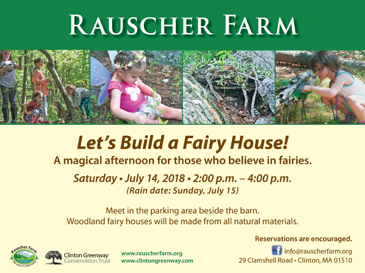 Event Poster: 
Let's Build a Fairy House!

With four picture of children building fairy houses with found materials and a completed fairy house built with twigs against a rocky outcrop.

A magical afternoon for those who believe in fairies.
Saturday, July 14, 2018
2:00 p.m. to 4:00 p.m.