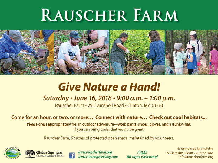 Event poster: Give Nature a Hand

With four photos of adult and children volunteers on Rauscher Farm.

Saturday June 16, 2018
9:00 a.m. to 1:00 p.m.

Come for an hour, or two, or more...Connect with nature... Check out cool habitats...