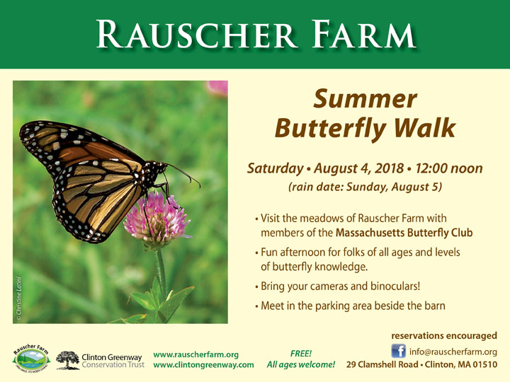 Event Poster:
Summer Butterfly Walk

With a photo of a Monarch Butterfly perched on a purple clover.

Saturday August 4, 2018
12:00 noon

Visit the meadows of Rauscher Farm with members of the Massachusetts Butterfly Club

Fun afternoon for folks of all ages and levels of butterfly knowledge

Bring your cameras and binoculars

Meet in the parking area beside the barn