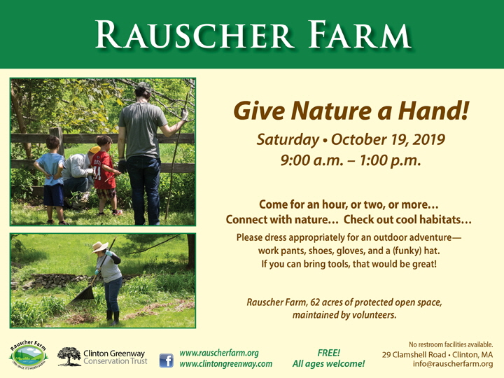 Event Poster:
Give Nature a Hand!

With two photos of adult and children volunteers working on Rauscher Farm.

Saturday, October 19, 2019
9:00 a.m. to 1:00 p.m.

Come for an hour, or two, or more...
Connect with nature...
Check out cool habitats
