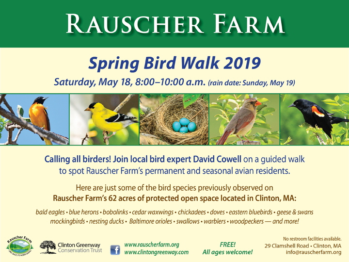 Event Poster: Spring Bird Walk
Saturday, May 18, 8:00 to 10:00 a.m.

With photos of four different colorful birds perched on branches and a bird nest with four blue eggs.

Join local bird expert David Cowell on a guided walk to spot Rauscher Farm's permanent and seasonal avian residents.

Here are some of the bird species previously observed on Rauscher Farm's protected open space: bald eagles, blue herons, bobolinks, cedar waxwings, chickadees, doves, eastern bluebirds, geese and swans, mockingbirds, nesting ducks, Baltimore orioles, swallows, warblers, woodpeckers  - and more!