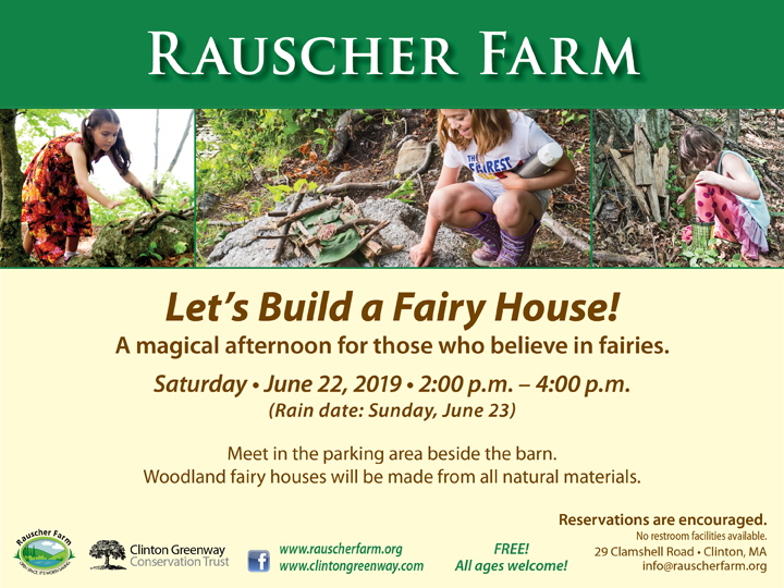 Event poster: Let's Build a Fairy House: 

With photos of three different children building fairy houses with found materials on Rauscher Farm.

A magical afternoon for those who believe in fairies.
Saturday, June 22, 2019
2:00 p.m. to 4:00 p.m.