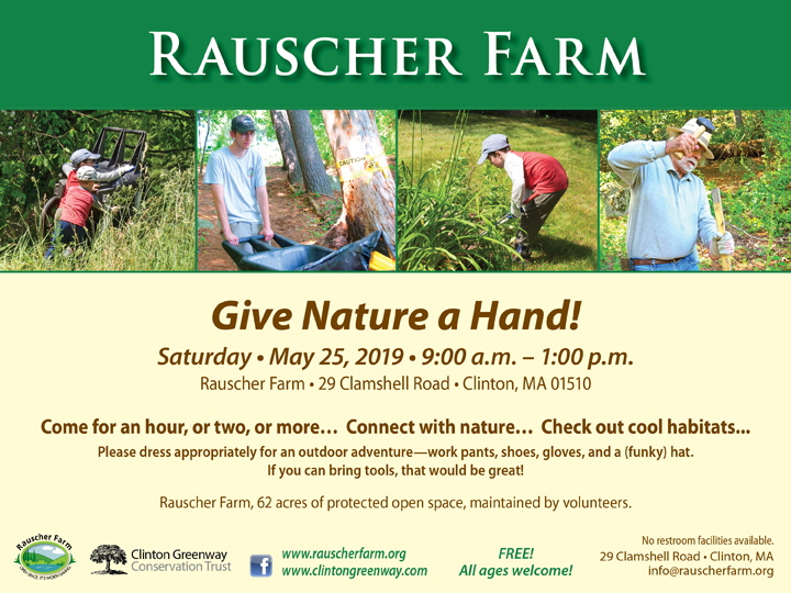Event Poster: Give Nature a Hand

With four photos of different adults and one child doing volunteer work on Raucher Farm.

Saturday, May 25
9:00 a.m. to 1:00 p.m.

Come for an hour, or two, or more... Connect with nature... Check out cool habitats. 