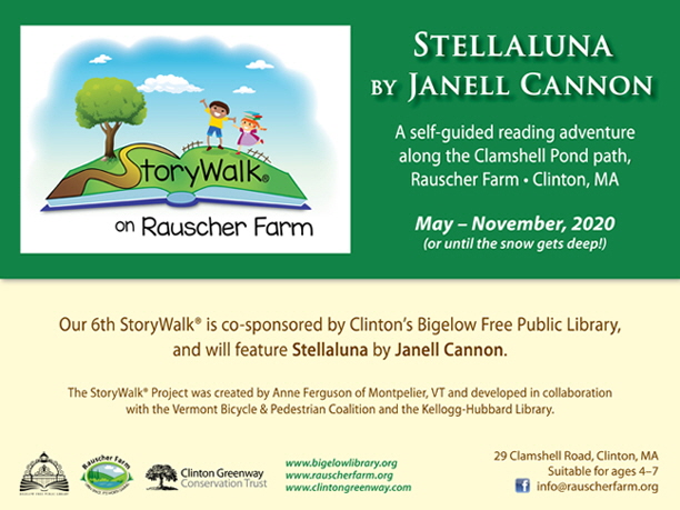 Event Poster: StoryWalk: StellaLuna by Janell Cannon

With cartoon illustration of a young boy and girl on a grassy book shaped hillside with a tree and blue sky.


A self-buided reading adventure along the Clamshell Pond path.

May to November 2020 (or until the snow gets too deep)

Co-sponsored by Clinton's Bigelow Free Public Library