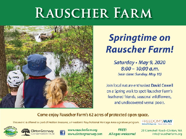 Event Poster: Springtime on Rauscher Farm!

With a photo of three young children watching geese at the edge of Clamshell Pond.


Saturday May 9, ,2020 8:00 to 10:00 a.m.

Join local nature enthusiast David Cowell on a Spring walk to spot Rauscher Farm's feathered friends, seasonal wildflowers, and undiscovered vernal pools.

This event is offered as part of Hidden Treasures, a Freedom's Way National Heritage Area signature program. 