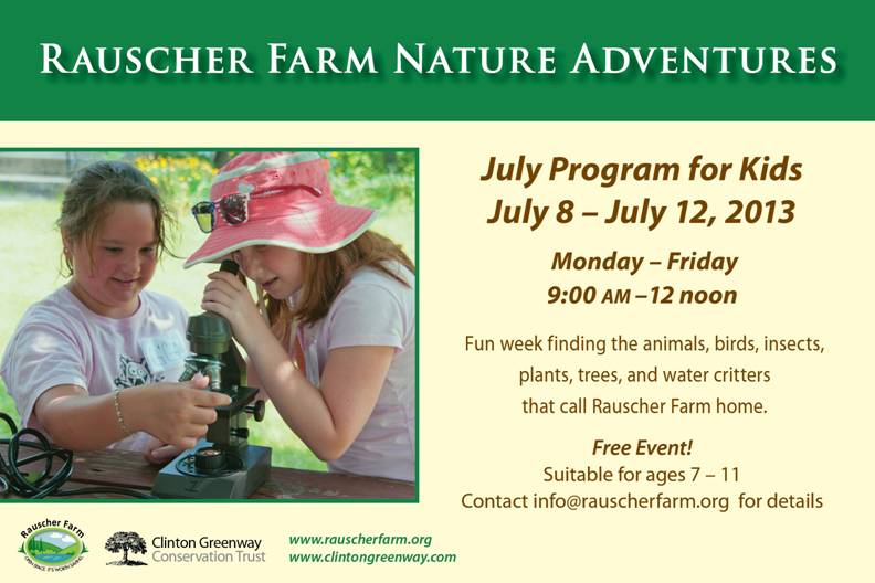 Event Poster:
Rauscher Farm Nature Adventures

July Program for Kids

July 8 through July 12, 2013

A fun week finding the animals, birds, insects, plants, trees, and water critters that call Rauscher Farm home.

Free Event
Suitable for ages 7 through 11