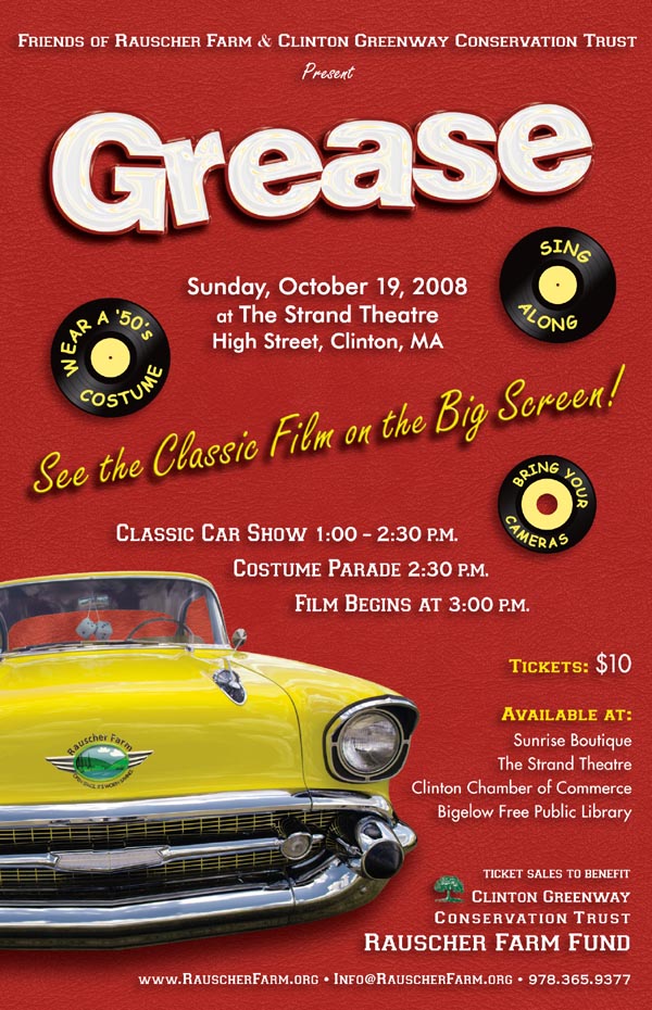 Event Poster for the movie Grease, shown as a fundraiser at Clinton's Strand Theater  October 19, 2008...
Grease. The poster shows a classic 1950s Chevrolet and vinyl records against a colorful background.
