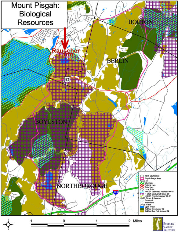 A map showing the biological resources of of the land surrounding Rauscher Farm in Clinton, Berlin, Bolton, Northborough, and Boylston