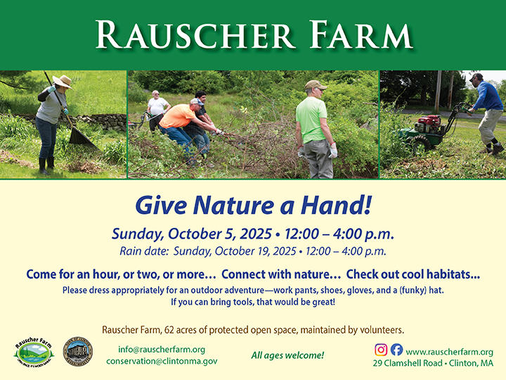 Event Poster: Give Nature a Hand. Volunteer day at Rauscher Farm October 5, w0w5, 12:00 to 4:00 p.m. Poster photos of volunteers raking, clearing brush, and mowing with a brush cutter.