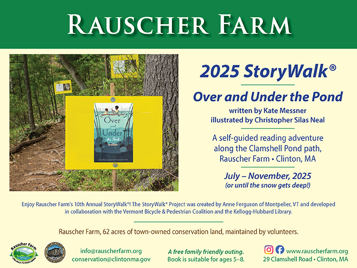 Event Poster for Rauscher Farm 2025 StoryWalk: Over and Under the Pond, written by Kate Messner, Illustrated by Christopher Silas Neal