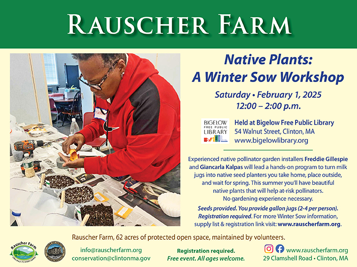 Event Poster: Native Plants: a Winter Sow Workshop Saturday February 1, 2025 12:0 to 2:00 p.m. at Clinton's Bigelow Public Library. Experienced pollinator garden installers will lead a hands-on program to turn milk jugs into native seed planters you can take home, place outside and wait for spring. Seeds provided.