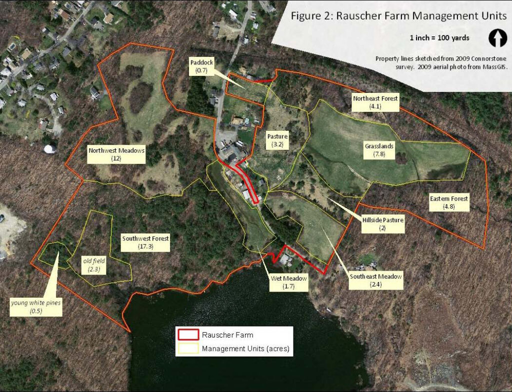 A map showing boundaries and acreage of the various managements units on Rauscher Farm - Southeast Forest, Northwest Meadows, Paddock, Pasture Northeast Forest, Grassland, Eastern Forest, Hillside Pasture, Southeast Meadow