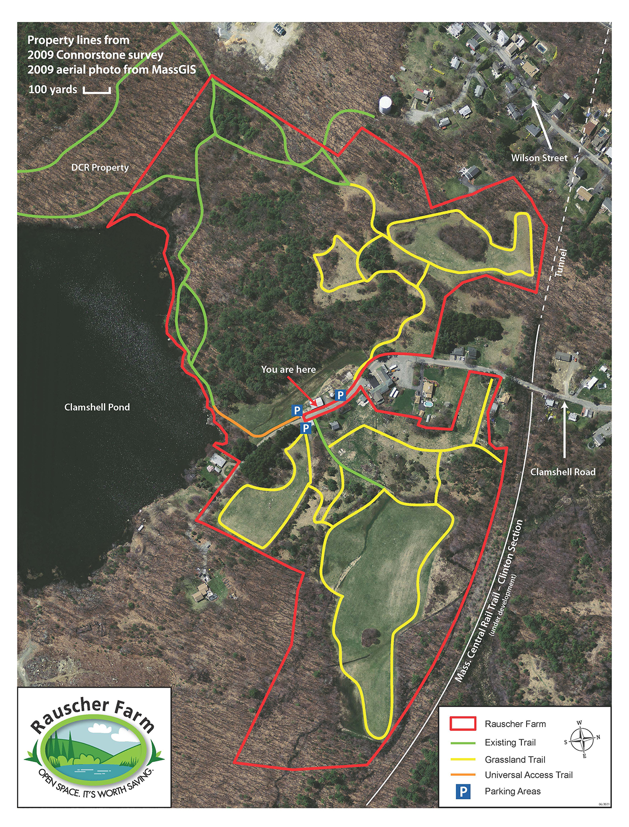 A map of Rauscher Farm and adjacent Clamshell pond showing woodlands, fields,k with colored lines showing walking trails