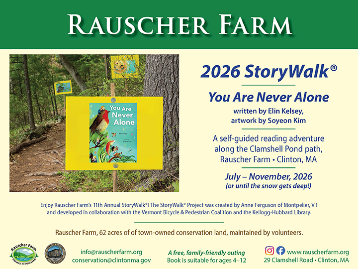 Event Poster: 2026 StoryWalk. "You Are Never Alone" written by Izy Elin Kelsey, artwork by Soyeon Kim. A self-guided reading adventure along the Clamshell Pond Path. July-November, 2026